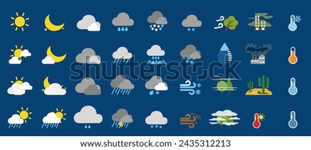 Weather icons. Weather forecast icon set. All seasons weather icon. Weather, rain, snowflakes, thunderstorm, sunny, cloudy, wind, daylight, night, temperature, rainbow, sun, moon. Vector illustration