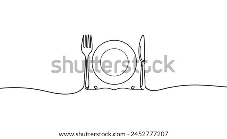 One continuous line plate, knife and fork. Vector illustration.