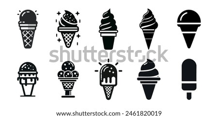 Ice cream black silhouette icons set on white background. Vector elements for minimal summer design, sweet snack illustration or logo