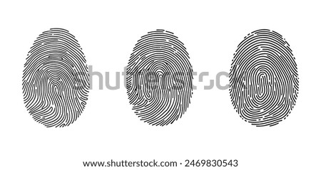 Fingerprint vector icon set. Personal id identity. Press finger, scan for safety. Unique touch id. Individual fingertip is verification in police. Illustration on white background.