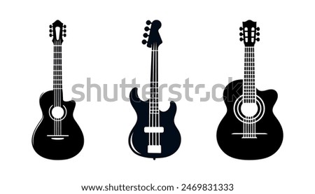 A set of black guitar silhouettes. Vector guitars on white background. Symbols of classic electric guitars for a store or music application.