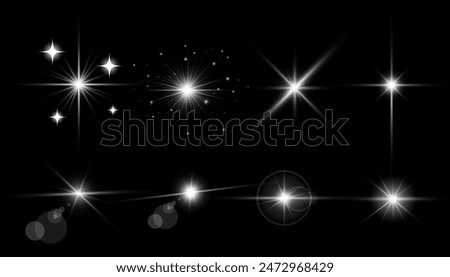 Glowing light bursts with sparkles. Glow light effect set, lens flare, explosion, glitter, line, sun flash, spark and star. Abstract image of lighting flare and white stars. Vector illustration