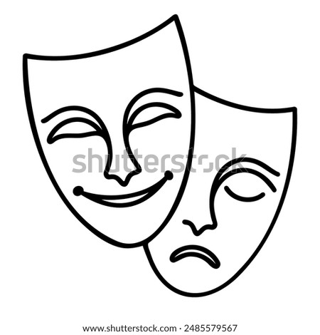 Theater Mask: Comedy and tragedy masks, representing drama and theater education. Continuous one line drawing in white background