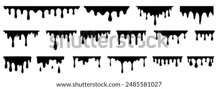 Black melting paint. Dripping splatter and dribble brush strokes with stain and leak, dirty fluid brush icons. Vector isolated set. Different borders with flowing ink, sticky liquid design