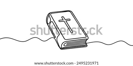 Continuous one line drawing silhouette of Bible. Bible linear icon. One line drawing background. Vector illustration. Line art of Bible