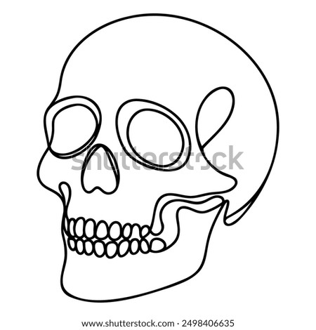 Human scull. One line continuous Halloween skull isolated on white background. Line art outline vector illustration.