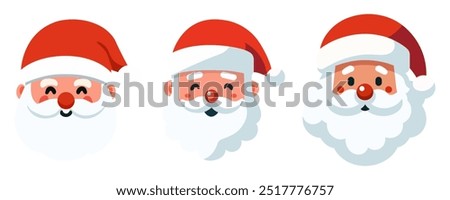 Set of cartoon Santa Claus heads or face in flat style. Vector illustration