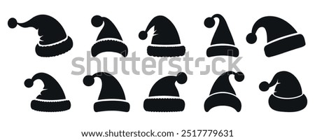 Silhouette set of black santa hats. New Year black hat