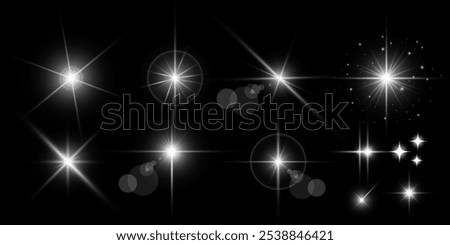 Glowing light bursts with sparkles. Glow light effect set, lens flare, explosion, glitter, line, sun flash, spark and star. Abstract image of lighting flare and white stars. Vector illustration