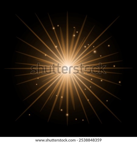 Golden shining vector sun with transparent rays. Yellow detonation effect.