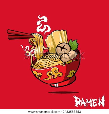 a bowl of noodles with meatballs, crackers and vegetables, a red bowl with a Chinese cloud motif, national meatball day