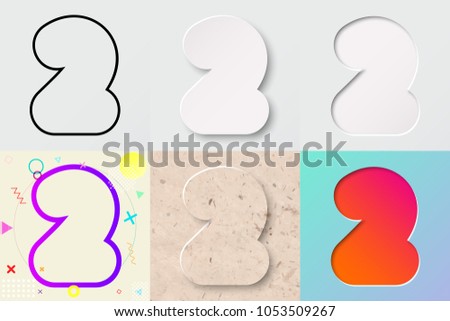 vector illustration set of cute bold rounded number two lettering with outline, 3d paper cut, embossing, neo memphis, kraft paper, summer sunset sky gradient effect with transparent shadow