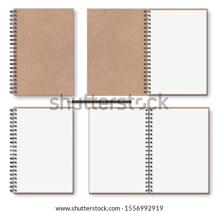 realistic blank open, closed brown kraft paper texture notebook with black metal spiral on left, wooden pencil, above view. stock vector illustration clip art objects set isolated on white background