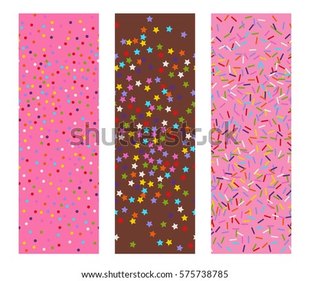 three horizontal seamless flat vectors patterns of sprinkles stars, dots and lines as bakery candy or festive confetti background
