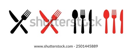 Fork, knife, plate and spoon. Menu symbol. Restaurant icon. Food, plate, fork, knife, spoon, cutlery icon set. Vector