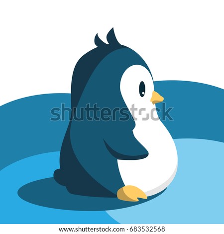 Cute penguin in cartoon style isolated on white and blue background. Funny pinguin image. Vector illustration.
