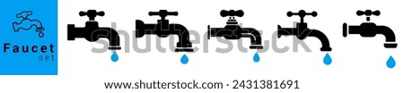 	
Faucet icons set. Water tap outline icon in black colors.	
