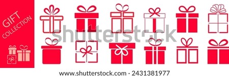 Christmas present box vector symbol in pink filled and outlined style. Surprise gift boxes	
