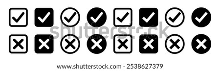 Tick, cross icon button set. Yes or no symbol, approved or rejected icon for user interface.