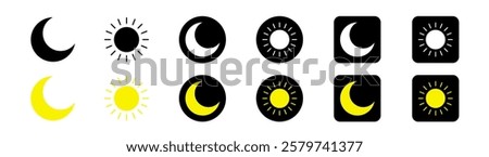 Day and night mode switch icon set. Mobile app interface design concept. Day, night, sun and moon signs and symbols 