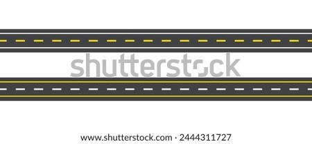 Straight and winding road road. Seamless asphalt roads template. Highway or roadway background. Vector illustration. Seamless highway marking Isolated on background.