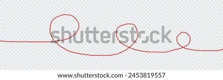 a red silk thread looped in a circle form, extending on both ends, symbolizing the red thread of fate in chinese tradition, on a pure white background with copy space.Line of red yarn, long red thread