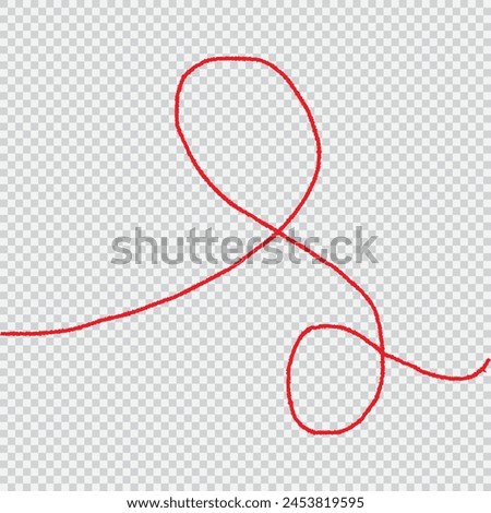 a red silk thread looped in a circle form, extending on both ends, symbolizing the red thread of fate in chinese tradition, on a pure white background with copy space.Line of red yarn, long red thread