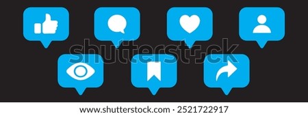 Like, love, heart, thumb up, repost, comment, share, save, stories user button sign in circle and speech bubble shapes, emoji post reactions, set social media notification functional icons – vector