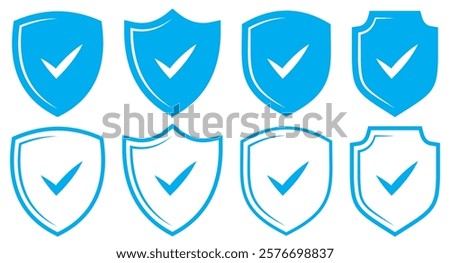 Protection and unprotection, green shield checkmark red shield cross. Green and red shield checkmark, cross, approved, rejected, yes, no. Set of red and green crosses and checkmarks .