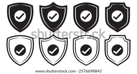 Protection and unprotection, green shield checkmark red shield cross. Green and red shield checkmark, cross, approved, rejected, yes, no. Set of red and green crosses and checkmarks .