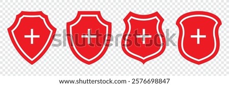 Protection and unprotection, green shield checkmark red shield cross. Green and red shield checkmark, cross, approved, rejected, yes, no. Set of red and green crosses and checkmarks .