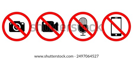 No record icons. Video, photo, phone, sound recording forbidden logo icons. eps10