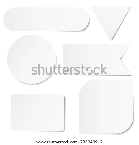 Set of white paper stickers of different shapes on white background. Round, square, rectangular, triangular.