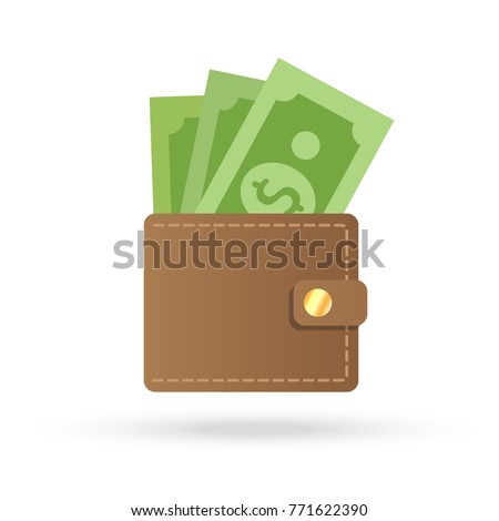 Brown wallet with green paper money. Wallet with money dollar bank note flat design isolated, icon vector Money Icon vector. wallet with money icon flat. Online payment concept.