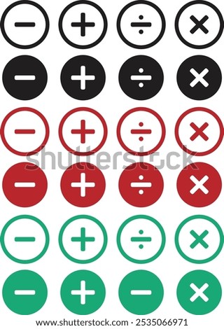 Plus, minus, add and subtract icon set in different color