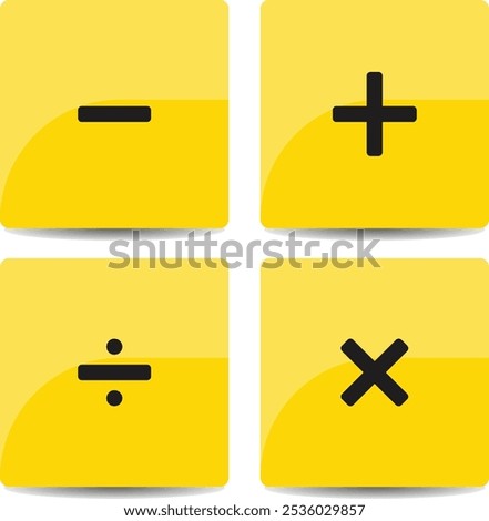 Set of Plus, minus, add and subtract icon yellow background