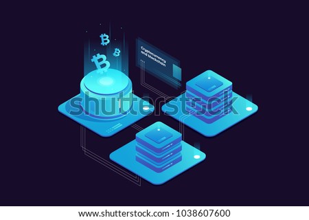 Cryptocurrency and Blockchain concept. Farm for mining bitcoins. Digital money market, investment, finance and trading. Perfect for web design, banner and presentation. Isometric vector illustration.