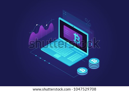 Cryptocurrency and Blockchain concept. Farm for mining bitcoins. Digital money market, investment, finance and trading. Perfect for web design, banner and presentation. Isometric vector illustration.