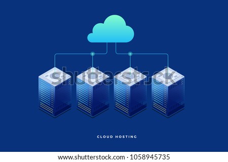 Internet equipment industry. Data transmission technology and data protection. Illustration of network telecommunication server. Cloud storage. 3d isometric flat design.