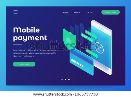 Concepts mobile payments, personal data protection. Header for website with smartphone and Bank card on blue background. Design for Landing Page. 3d isometric flat design. Vector illustration. 