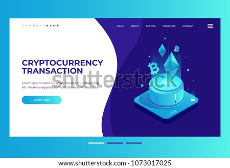 Homepage. Design template for Landing Page. Cryptocurrency and Blockchain concept. Farm for mining Ethereum. Digital money market, finance and trading. Isometric vector illustration.