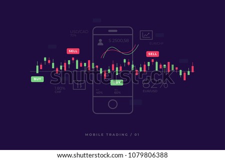 Mobile stock market investment trading. Financial analytics. Mobile stock trading concept, business and investment, market analysis. Candlestick Chart on smartphone screen. Vector flat illustration.