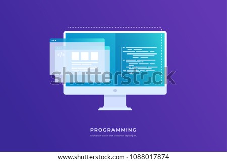 Concept of programming and software. Monitor with program code on screen and open web pages. Vector flat illustration for web page, banner, presentation.