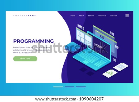 Header for website. Homepage. Concept of web development, programming and coding. Elements of interface and browser windows on monitor screen.Innovations and technologies. Vector illustration.