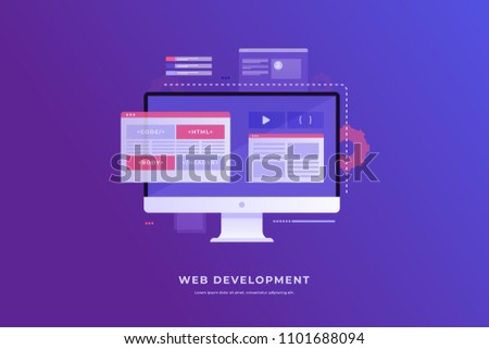Web Development concept, programming and coding. Elements of the interface and browser windows on the monitor screen. Digital industry. Innovations and technologies. Vector illustration.