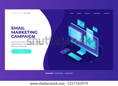 E-mailing notification concept.  Monitor with an envelope and e-mail on screen. Email marketing. Design template for landing page. Isometric vector illustration.