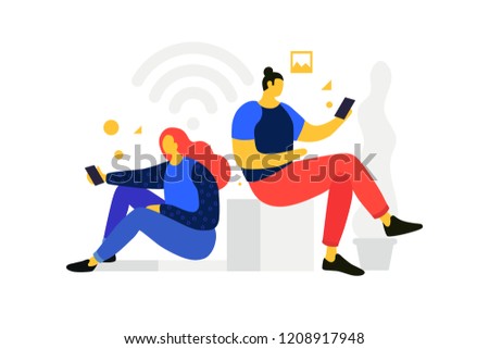 Cartoon man and woman looking in mobile gadgets. Communication in social networks. Concept of communication and receiving news on Internet. Vector flat illustration.