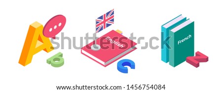Illustration on topic of teaching foreign languages. Textbooks in French and English, flag of England and letters of Latin alphabet. 3D isometric flat design. The concept of education. Vector image.