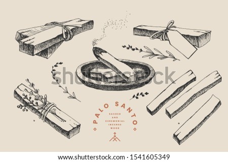 Set of hand-drawn sticks of the sacred Palo Santo tree, steaming with aroma and bandaged with herbs. Latin American incense for meditation. Sacred and ceremonial incense wood. Vector illustration. 