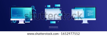 Set of vector illustrations on the theme of programming and software. Monitors with program codes on the screen and open web pages. Vector flat illustration.